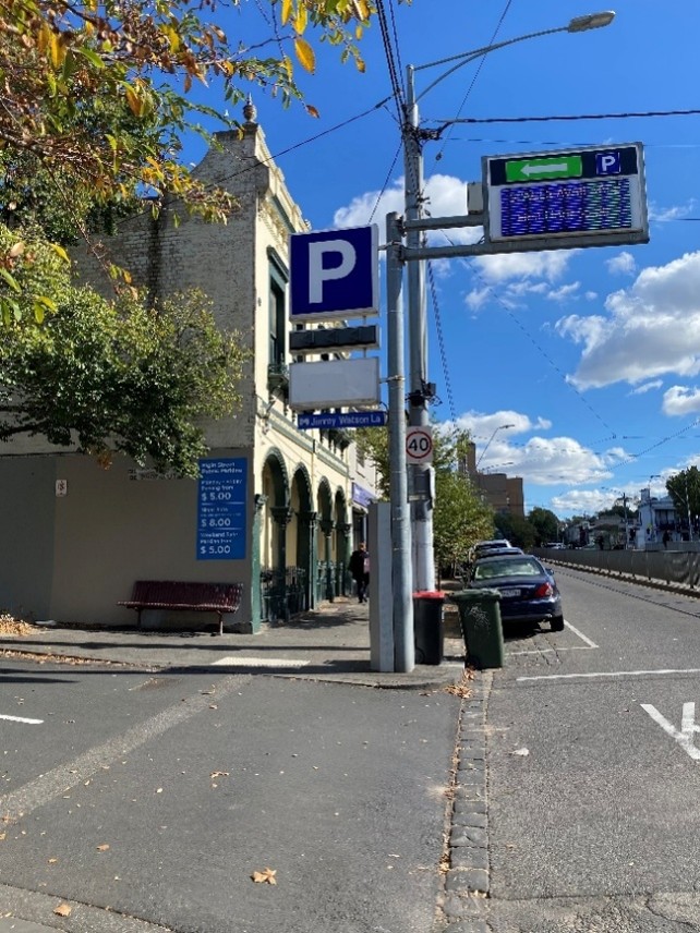 The sign outside the parking building